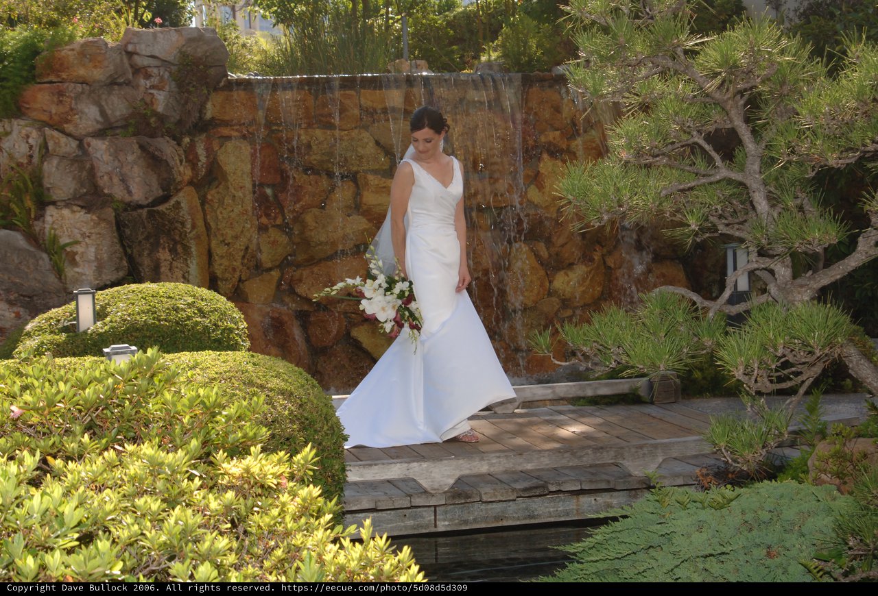 Bride Poses Before Stone Waterfall in Japanese Garden