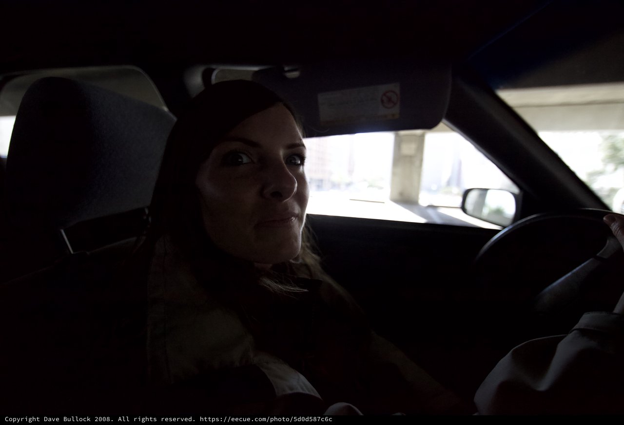 Woman Behind the Wheel in Dramatic Urban Shadows