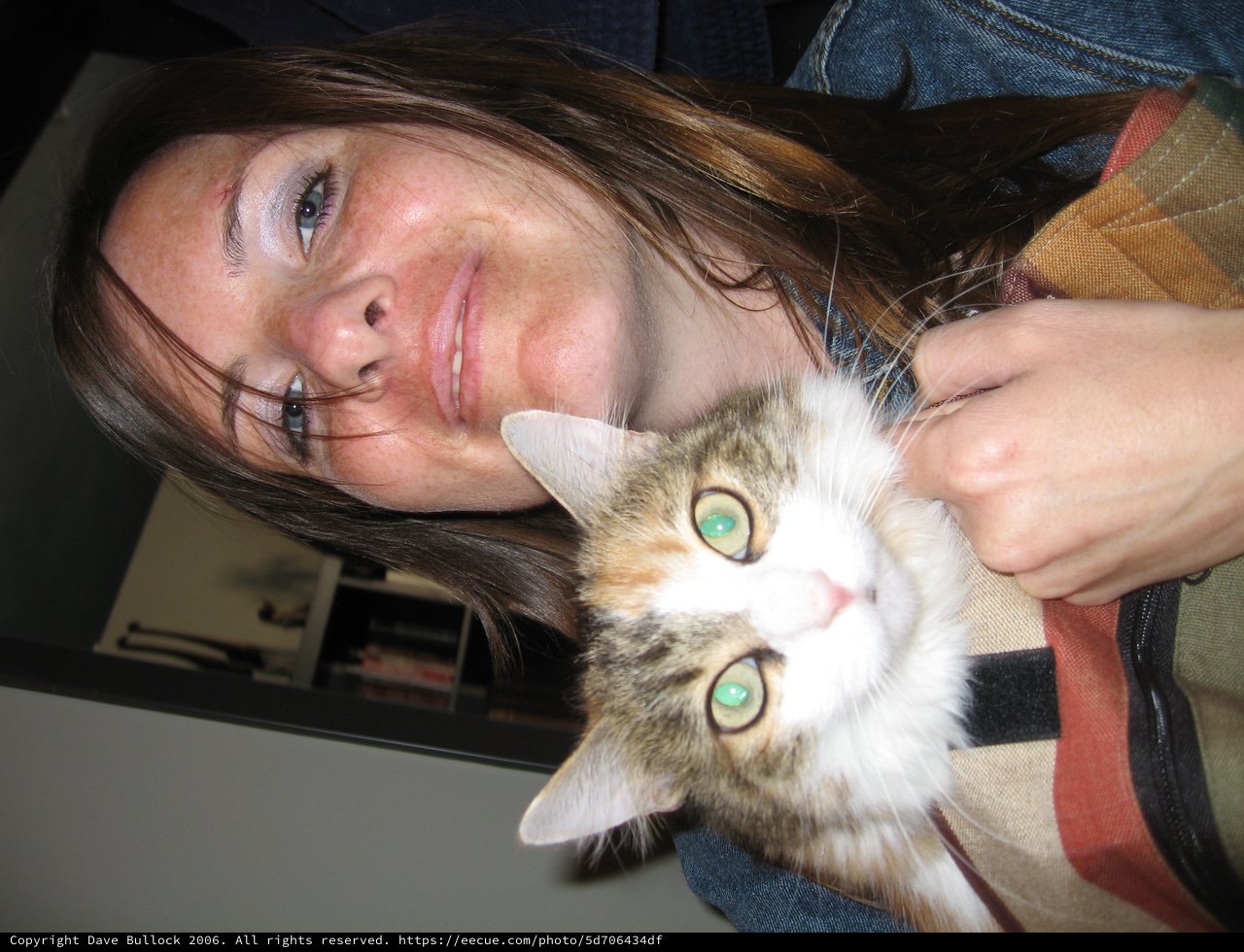 Woman and Her Green-Eyed Calico Cat Portrait