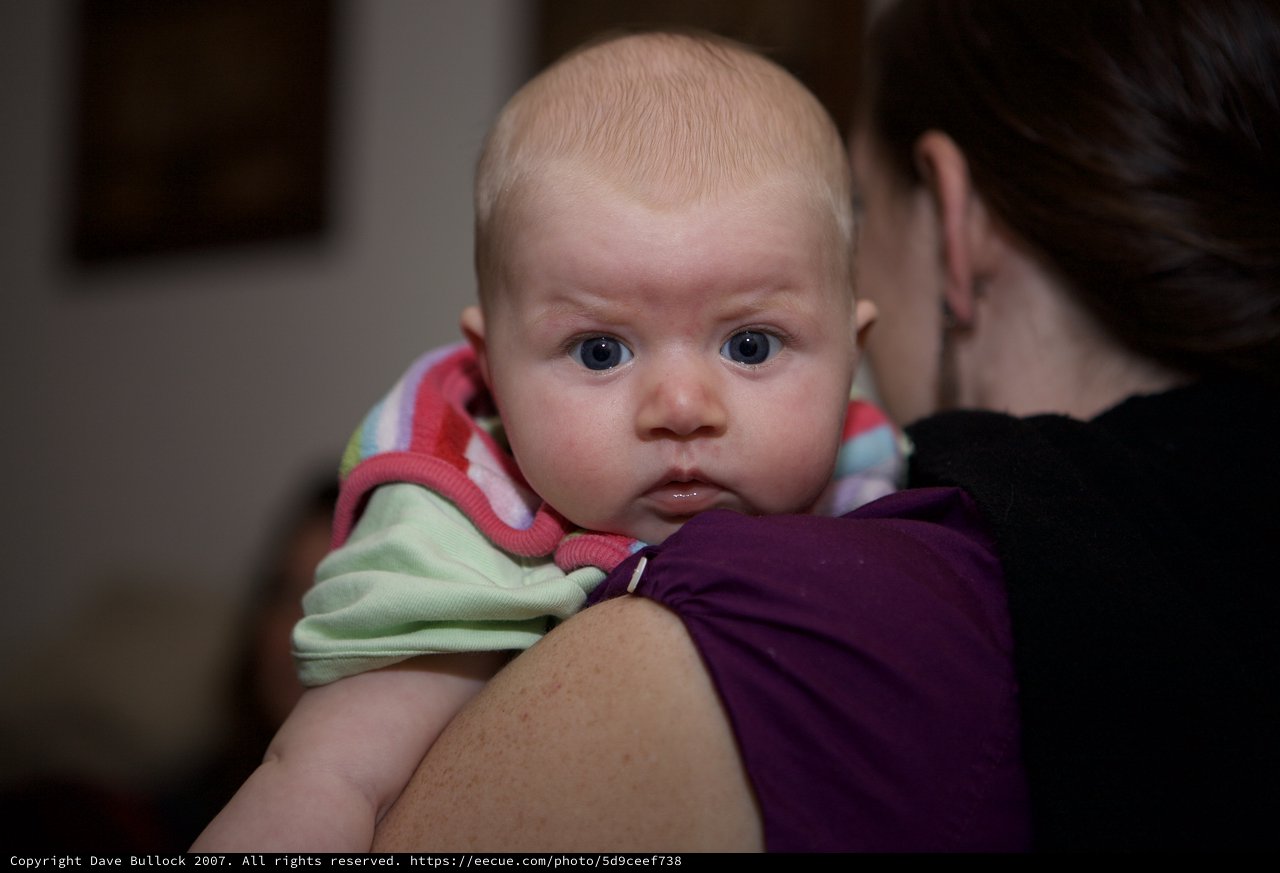 Wide-Eyed Baby Peering Over Parent's Shoulder