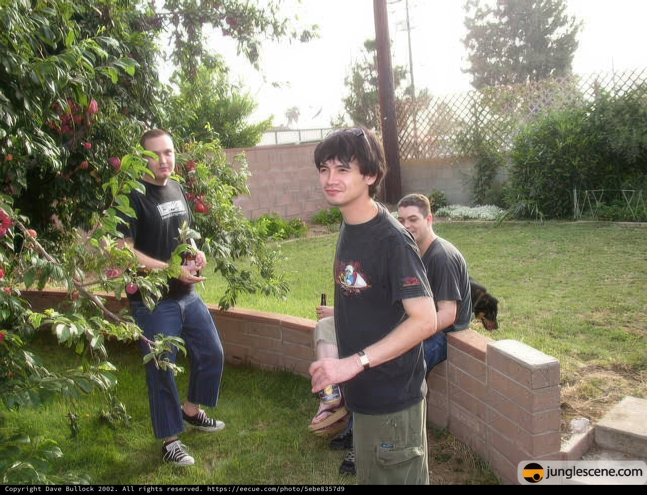 Three Young Men and Their Furry Companion Pose in Backyard