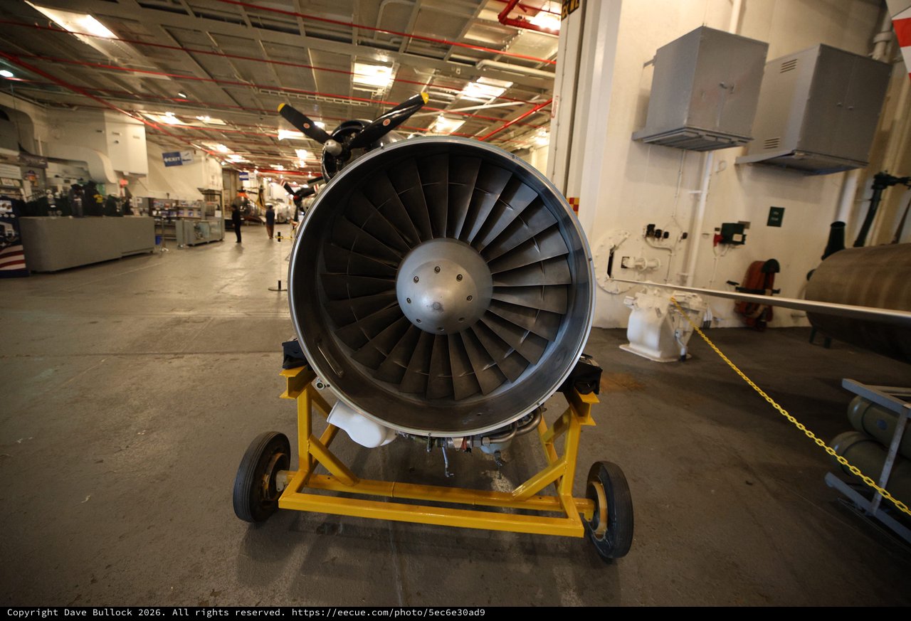 Aircraft Jet Engine on Display in Maintenance Hangar