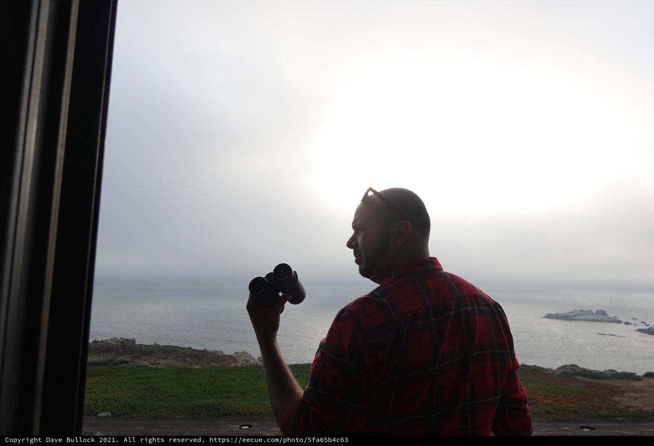 Man with Binoculars Overlooking Coastal Waters