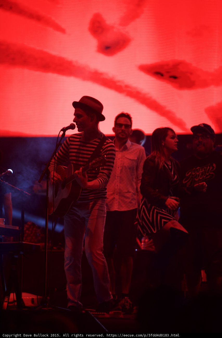 Belle and Sebastian Stuart Murdoch Profile Acoustic Guitar Man White Shirt Woman Chevron Blue Red