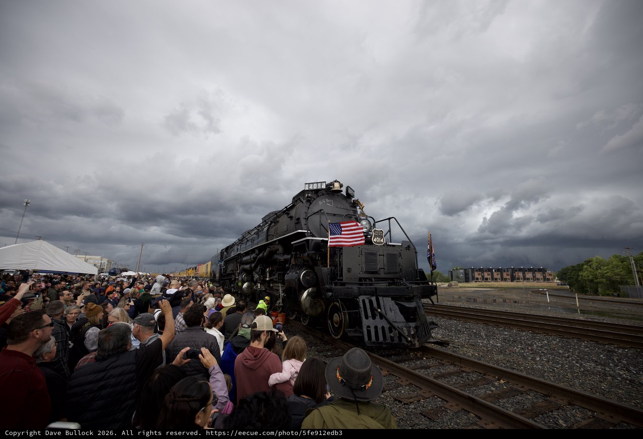 Historic Big Boy Locomotive Display Under Stormy Skies