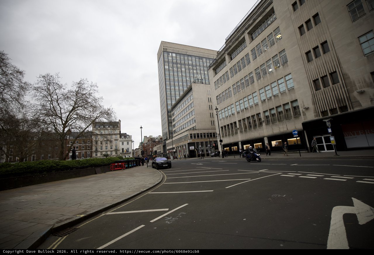 Modernist Architecture on Empty London Street at Dusk