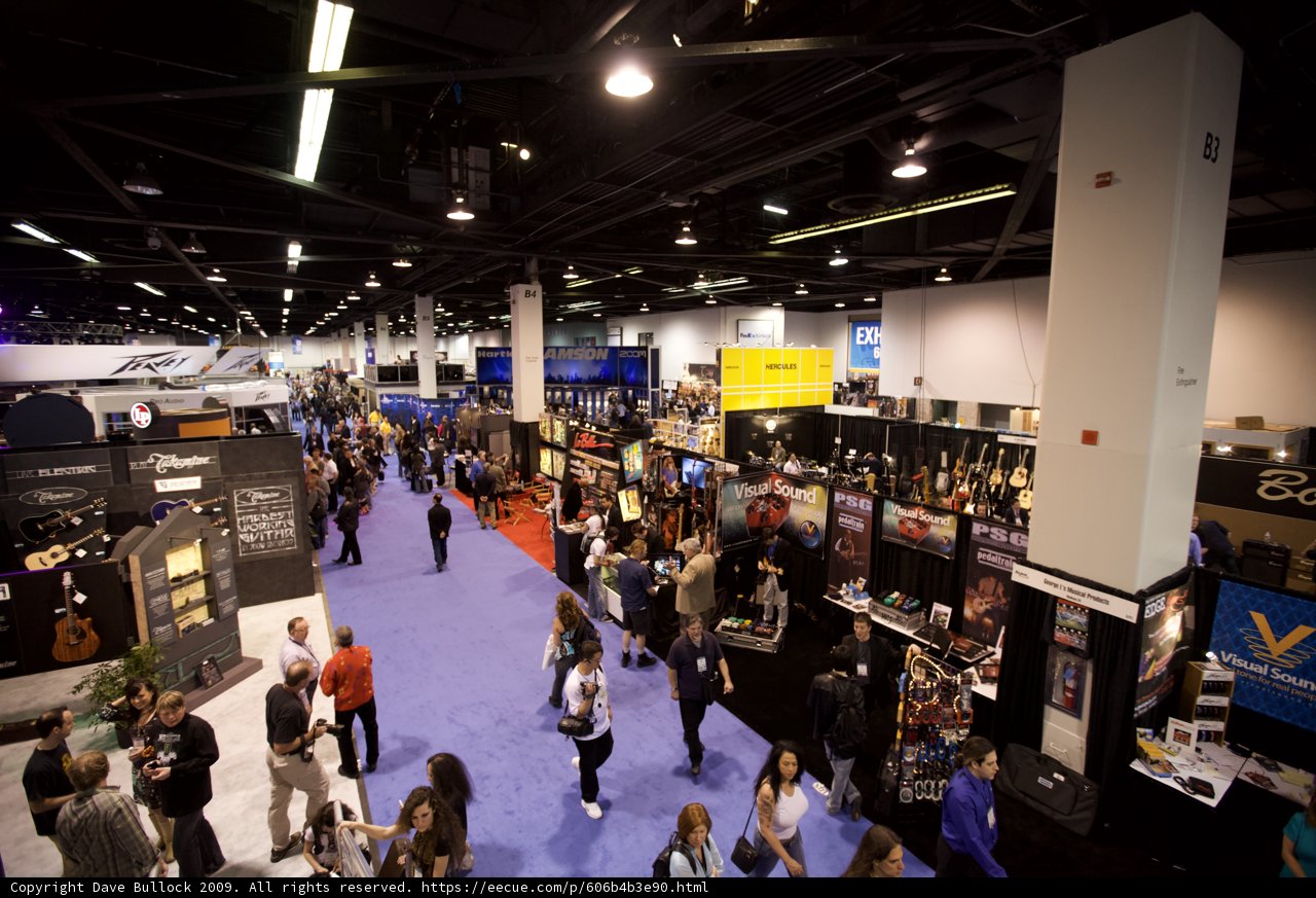 bustling convention hall with a musical twist