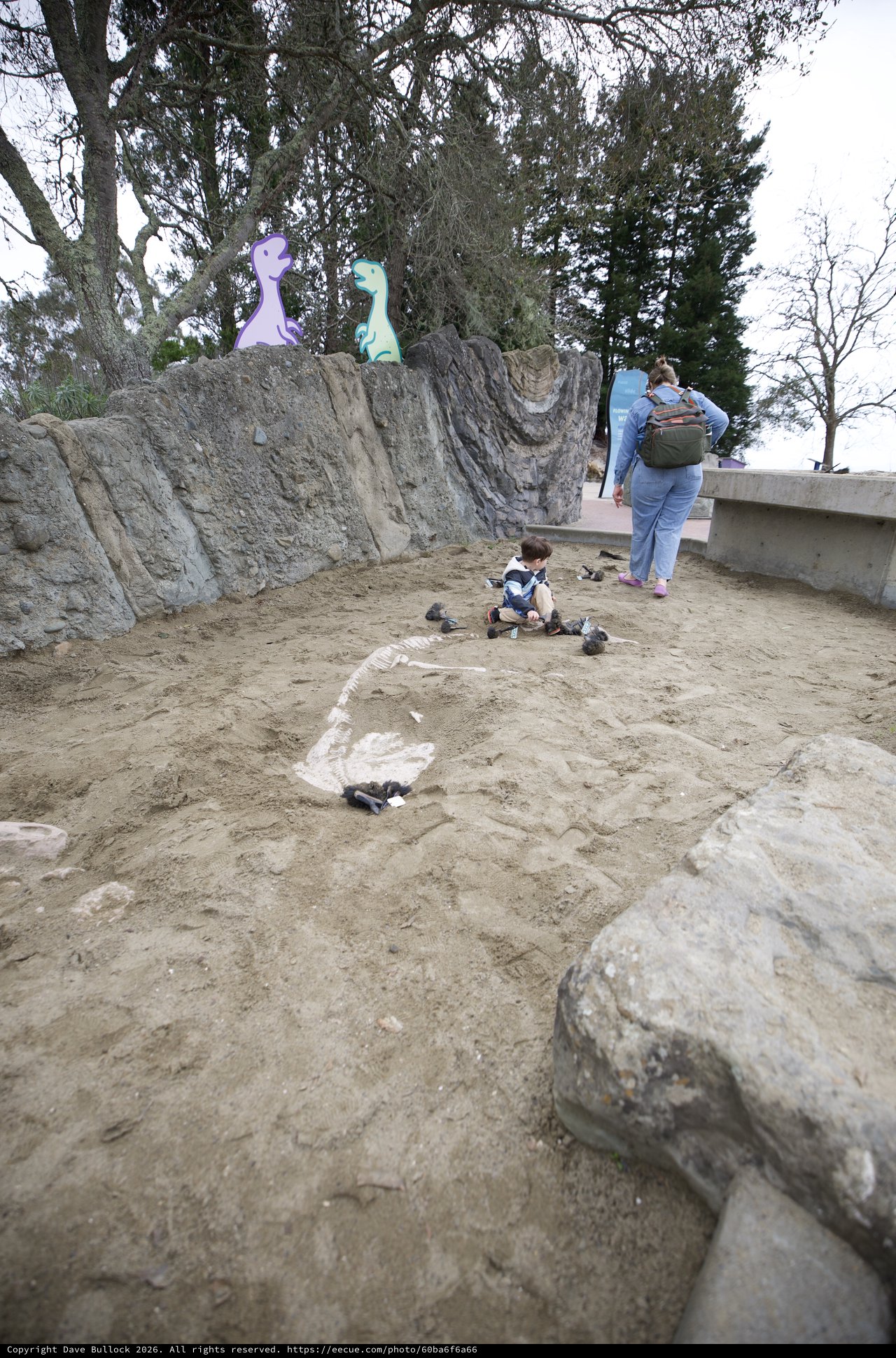 Child Playing in Dinosaur-Themed Sand Excavation Pit
