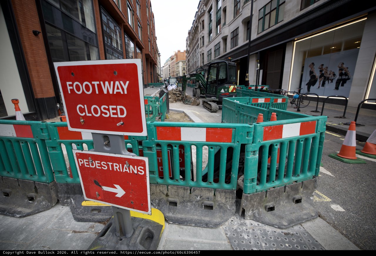 Urban Construction Site with Footway Closure in London