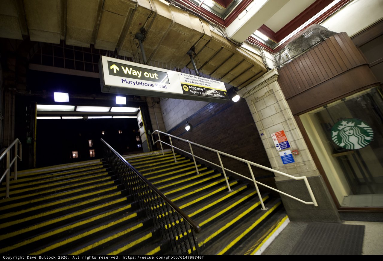London Underground Station Exit with Yellow Safety Steps