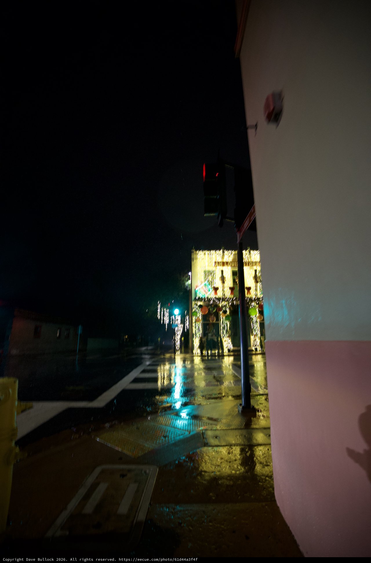 Wet Night Street with Festive Lights and Blue Glow
