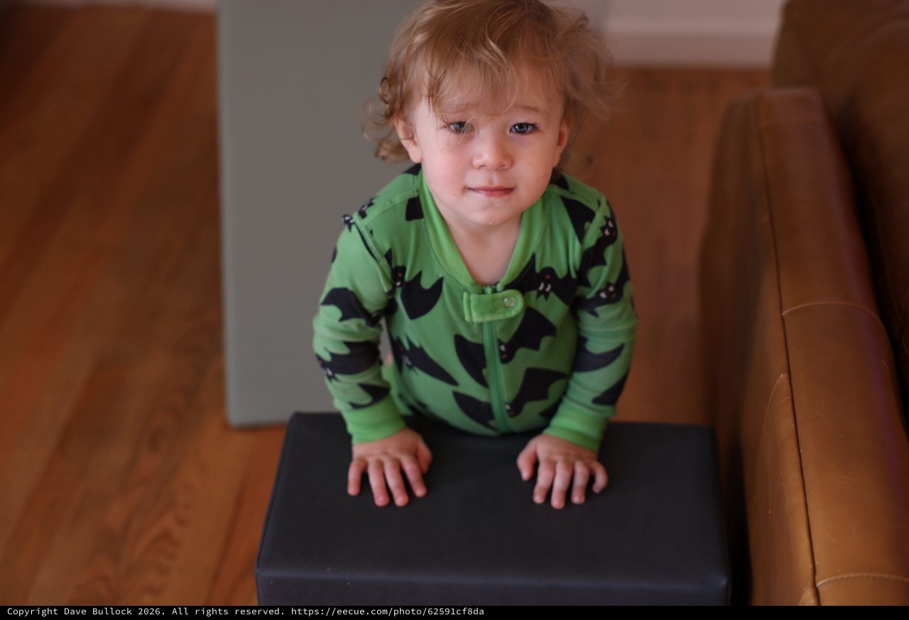 Toddler in Green Dinosaur Pajamas on Brown Couch