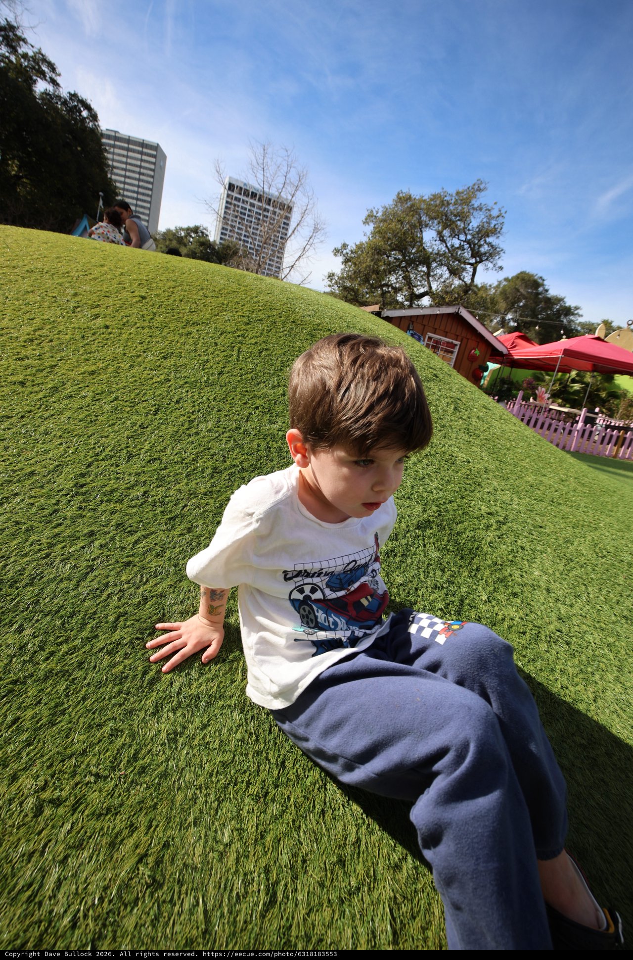 Boy Sliding Down Grassy Hill at Urban Park