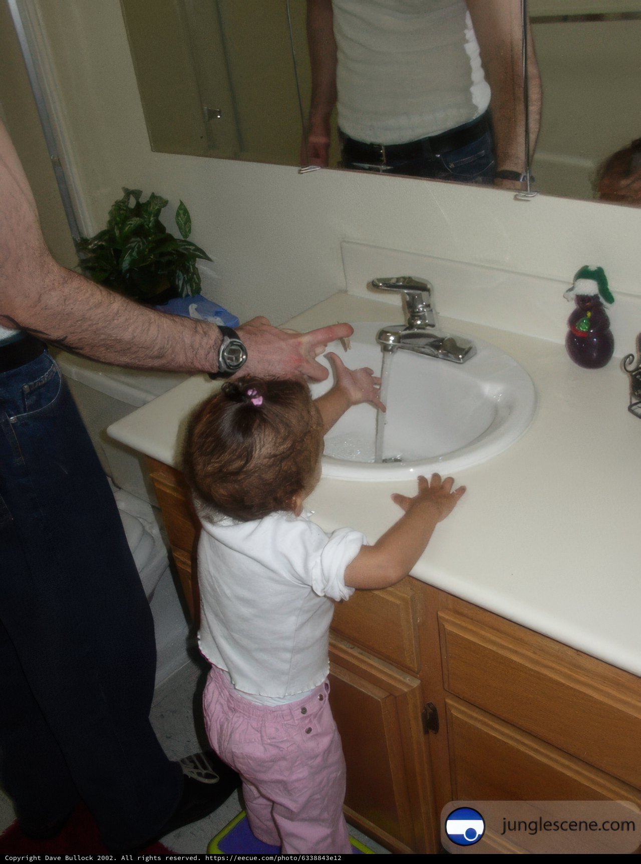 Tiny hands washing with the company of a plant