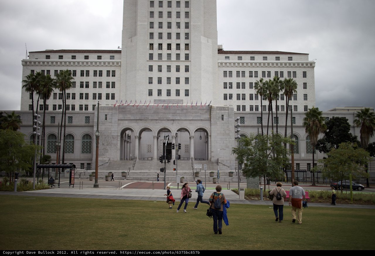 Visitors Gather at Los Angeles City Hall Plaza