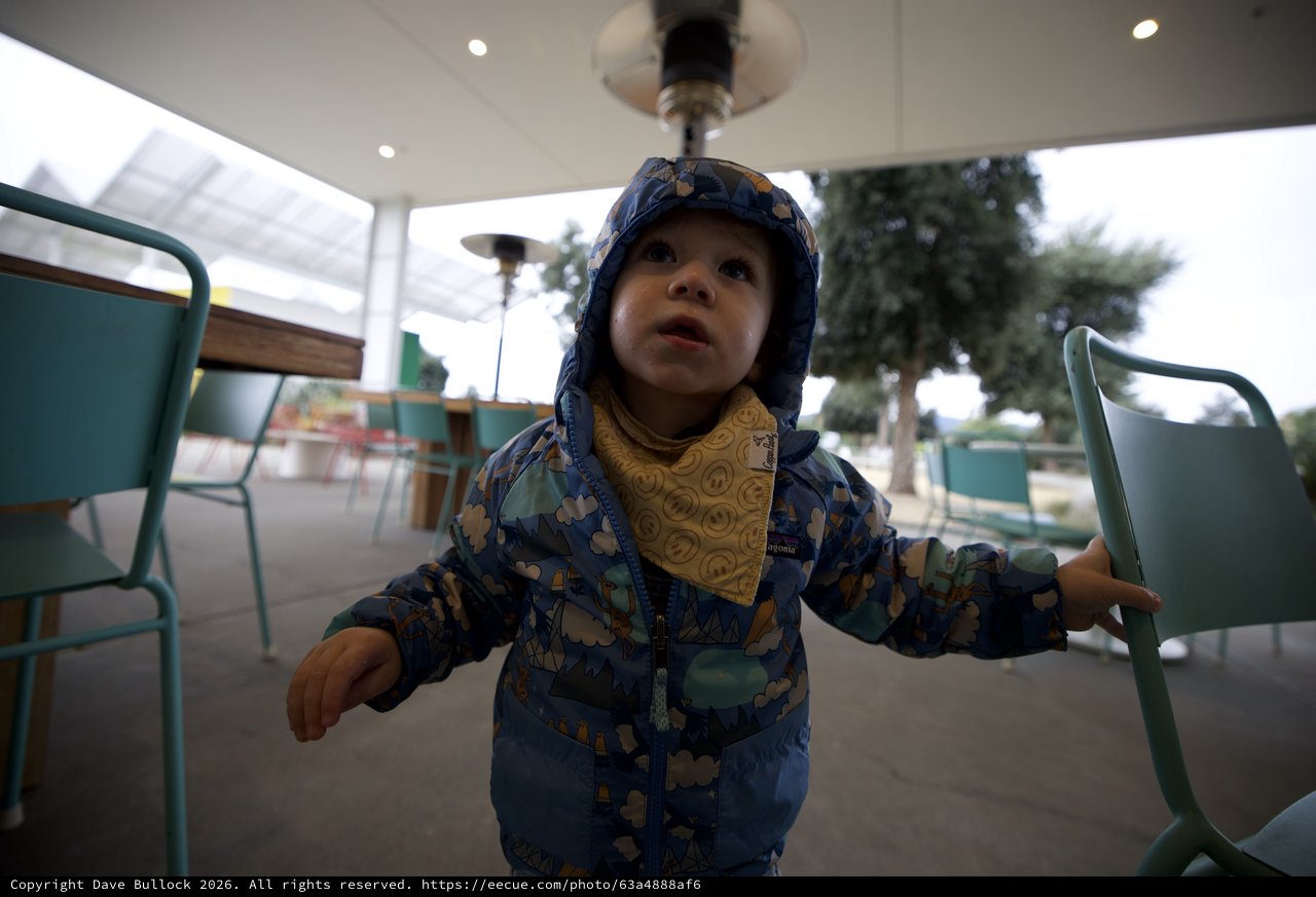 Toddler's Wonder Under Heat Lamp at Outdoor Café