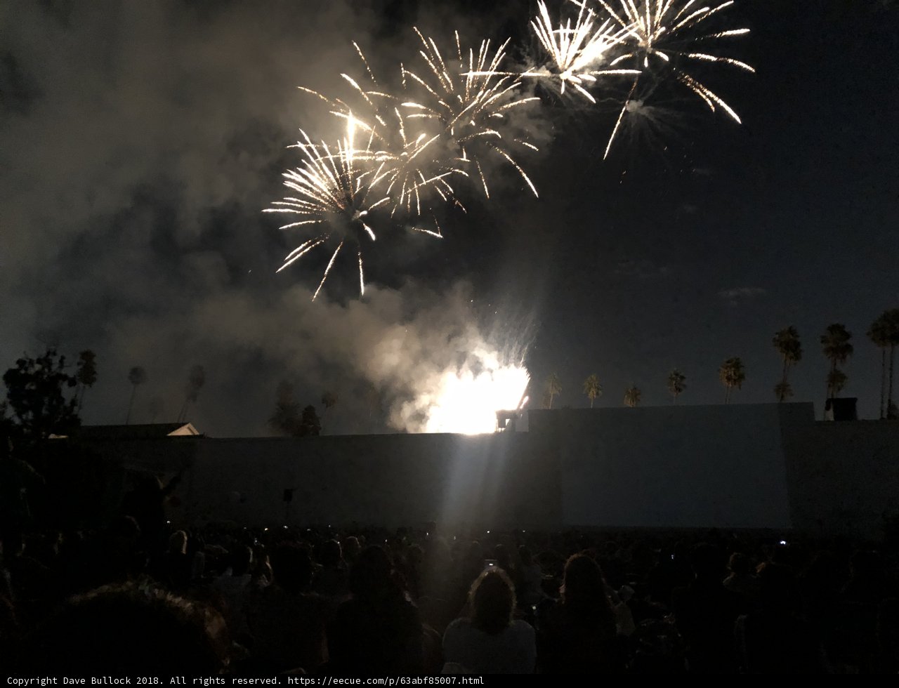 Fireworks lighting up the night sky over a crowded event