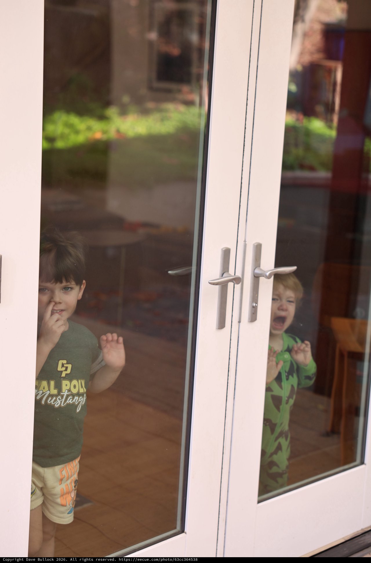 Two Young Boys Peering Through Glass Door