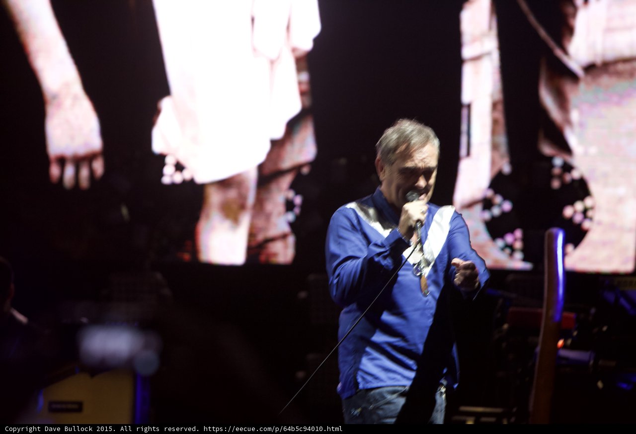 Morrissey Singing Fist Clenched Blue Shirt Passionate Smiths Dangling Hands Video Screen Yellow Amp