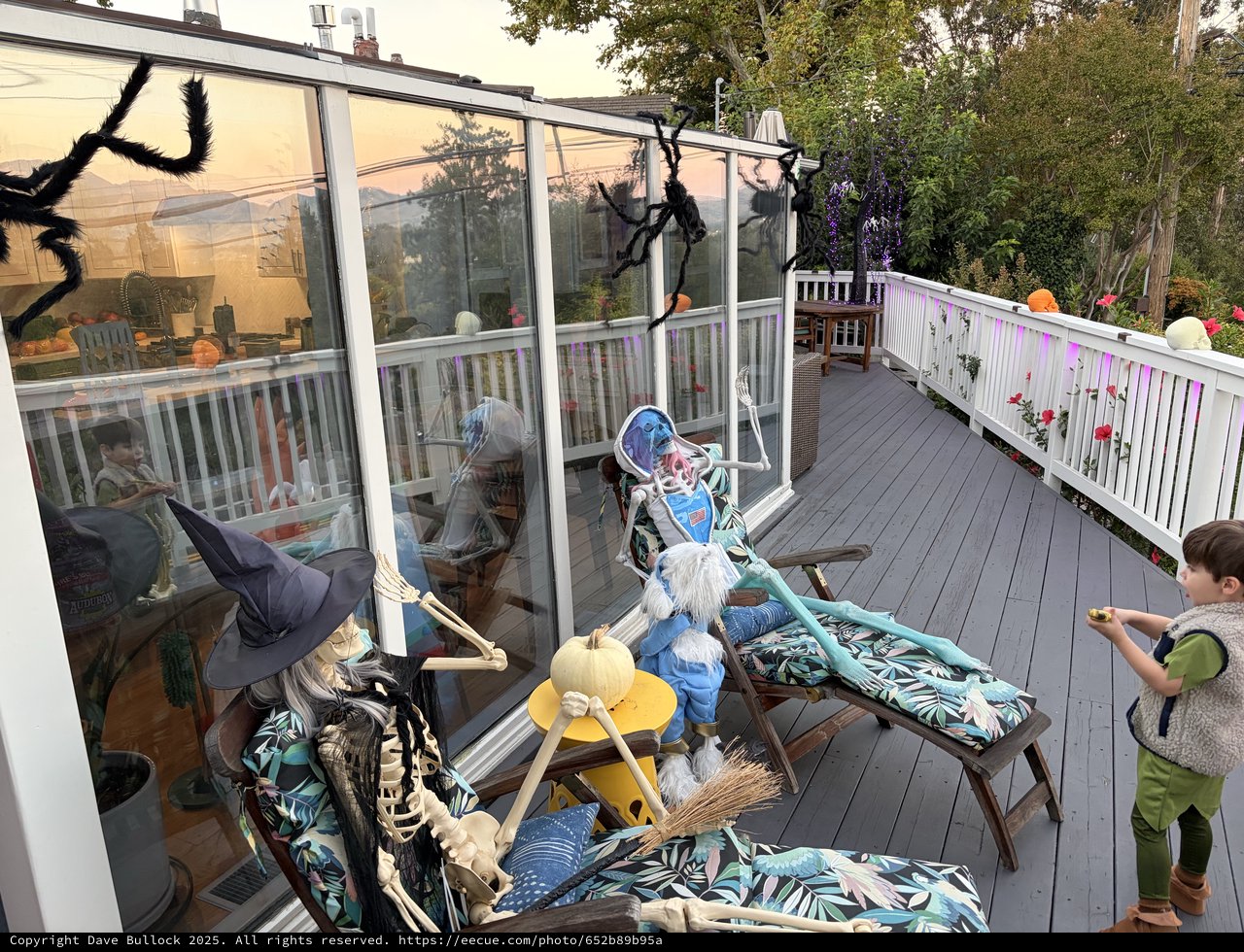 Halloween-Decorated Deck with Spooky Skeleton Display