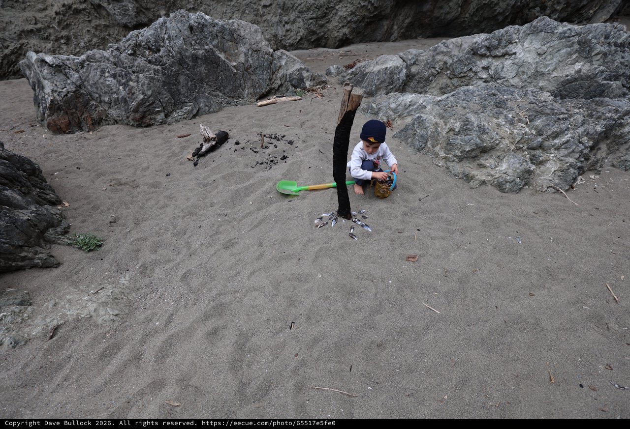 Child Explores Rocky Beach Cove with Toy Shovel