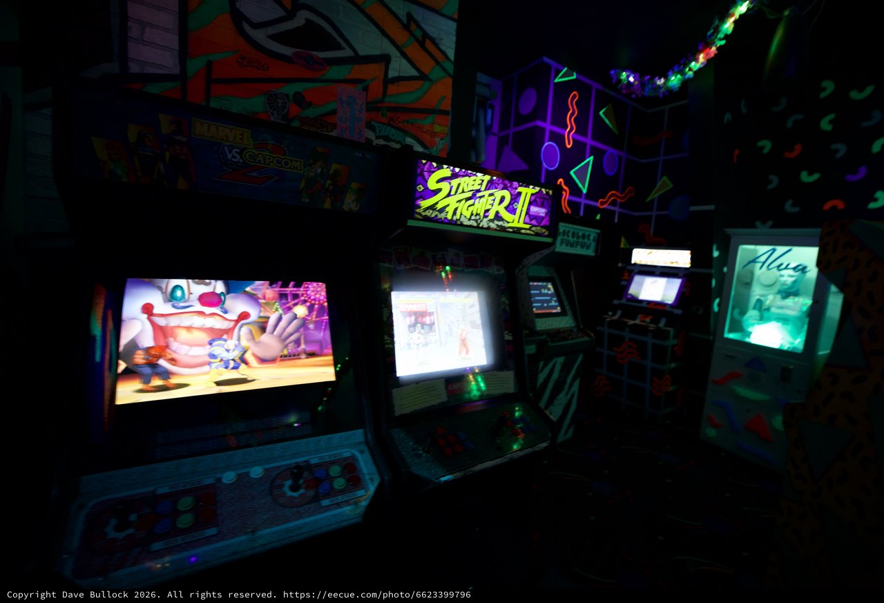 Retro Arcade Room with Classic Gaming Cabinets