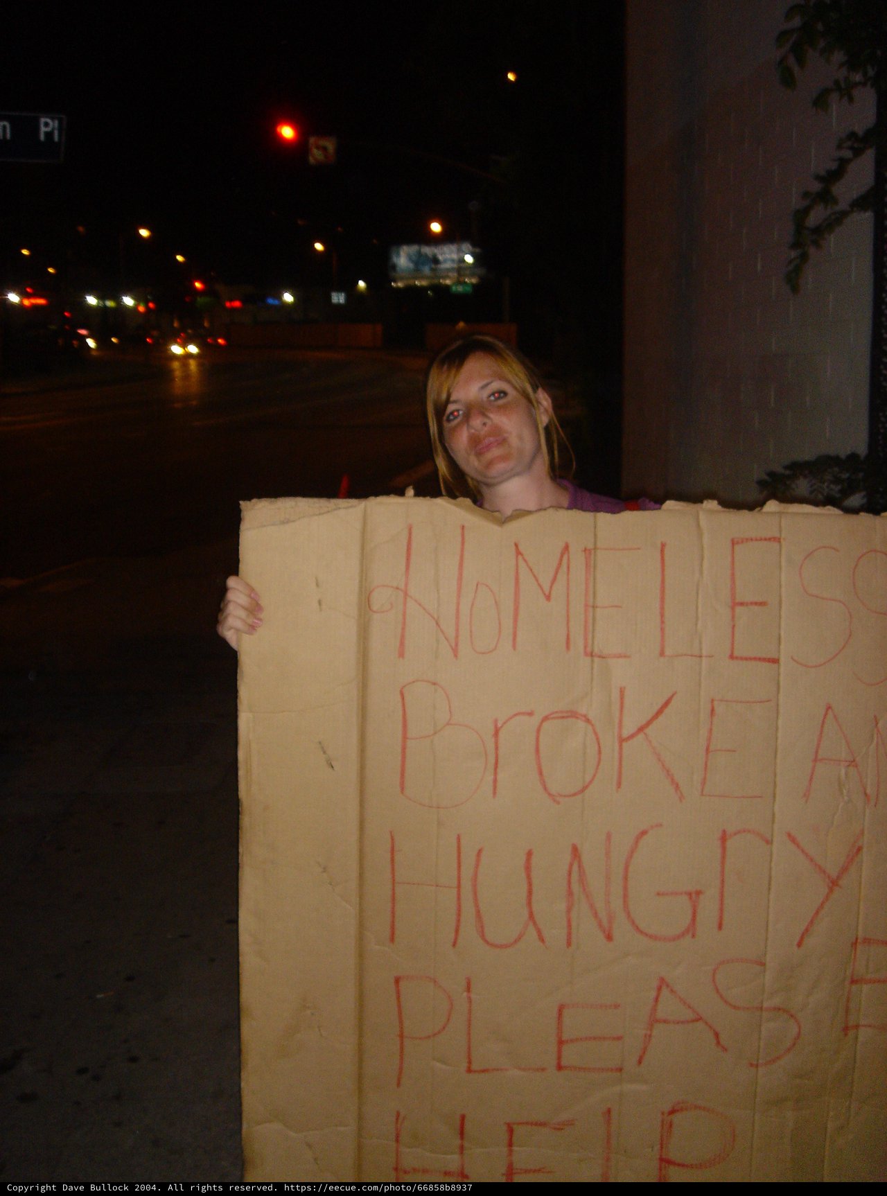 Homeless Woman Holds Cardboard Sign at Night