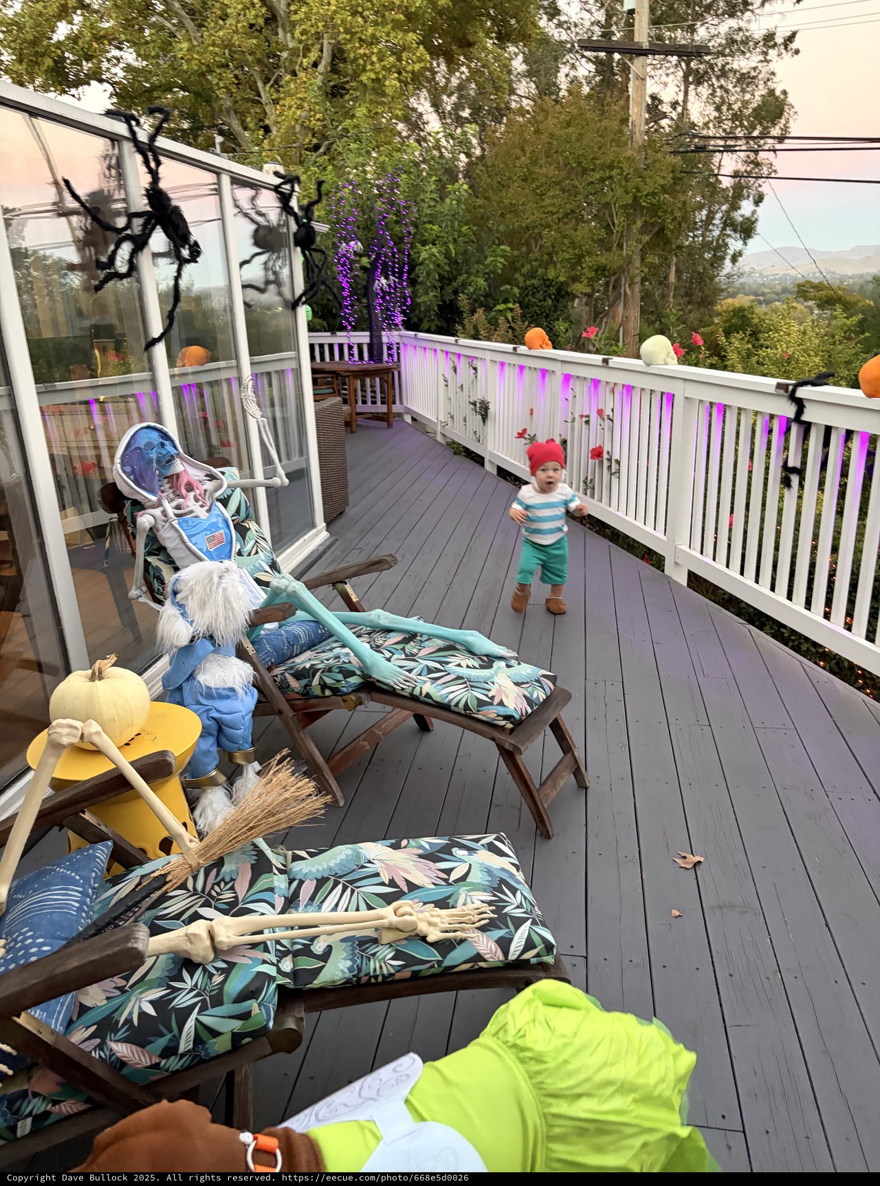 Halloween Decorated Deck with Toddler in Foggy Setting