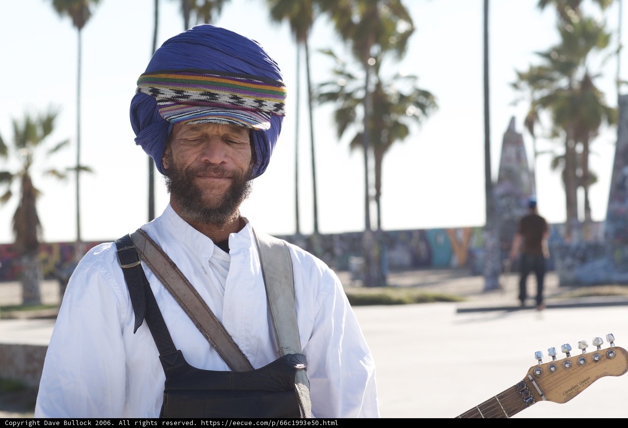 Turbaned Musician with Guitar and Handbag Caption: A skilled musician in traditional headwear plays the guitar while carrying his handbag through a tropical setting.