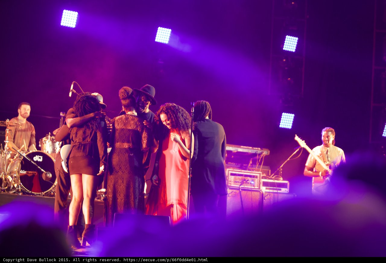 Solange Band Finale Hug Red Dress Smiling DW Drums Guitarist Purple