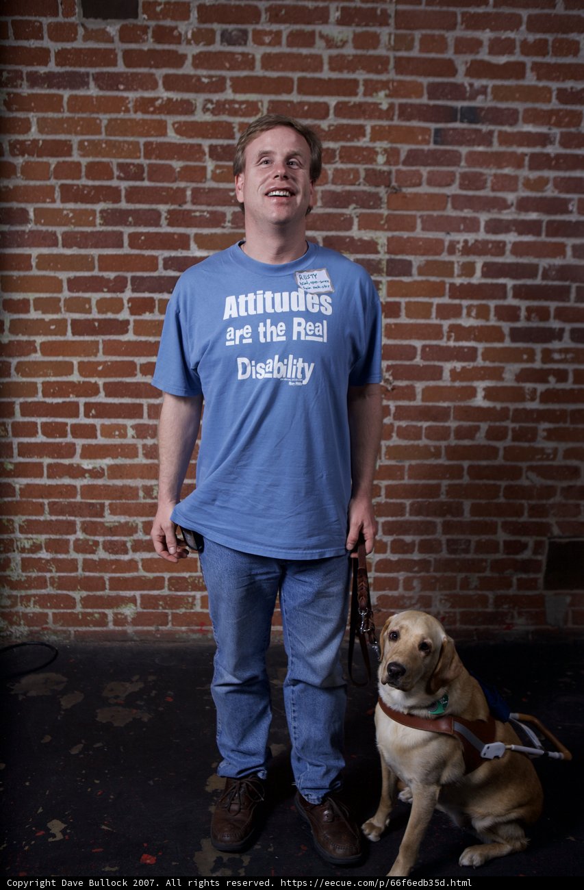 Man and Dog in Matching Blue Shirts