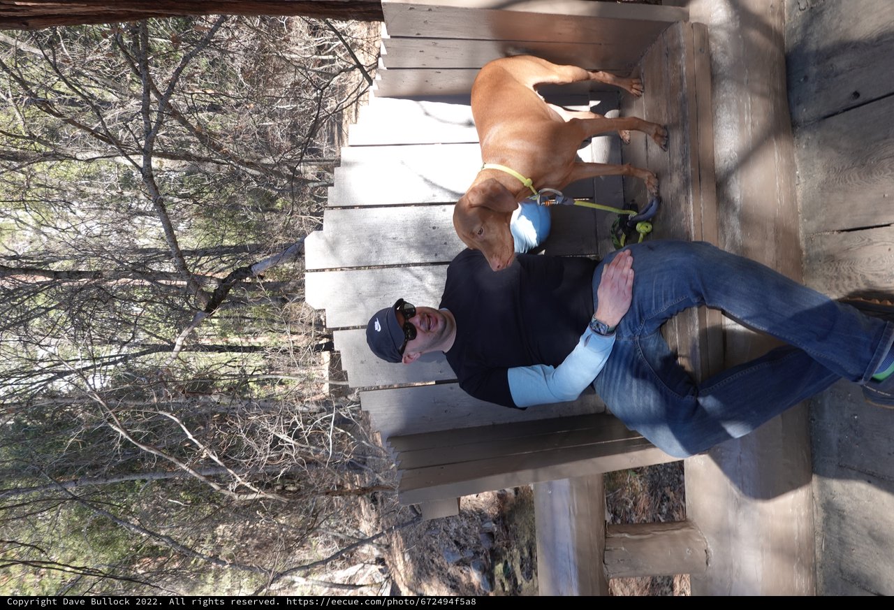 Man and Dog Relaxing on Desert Bench