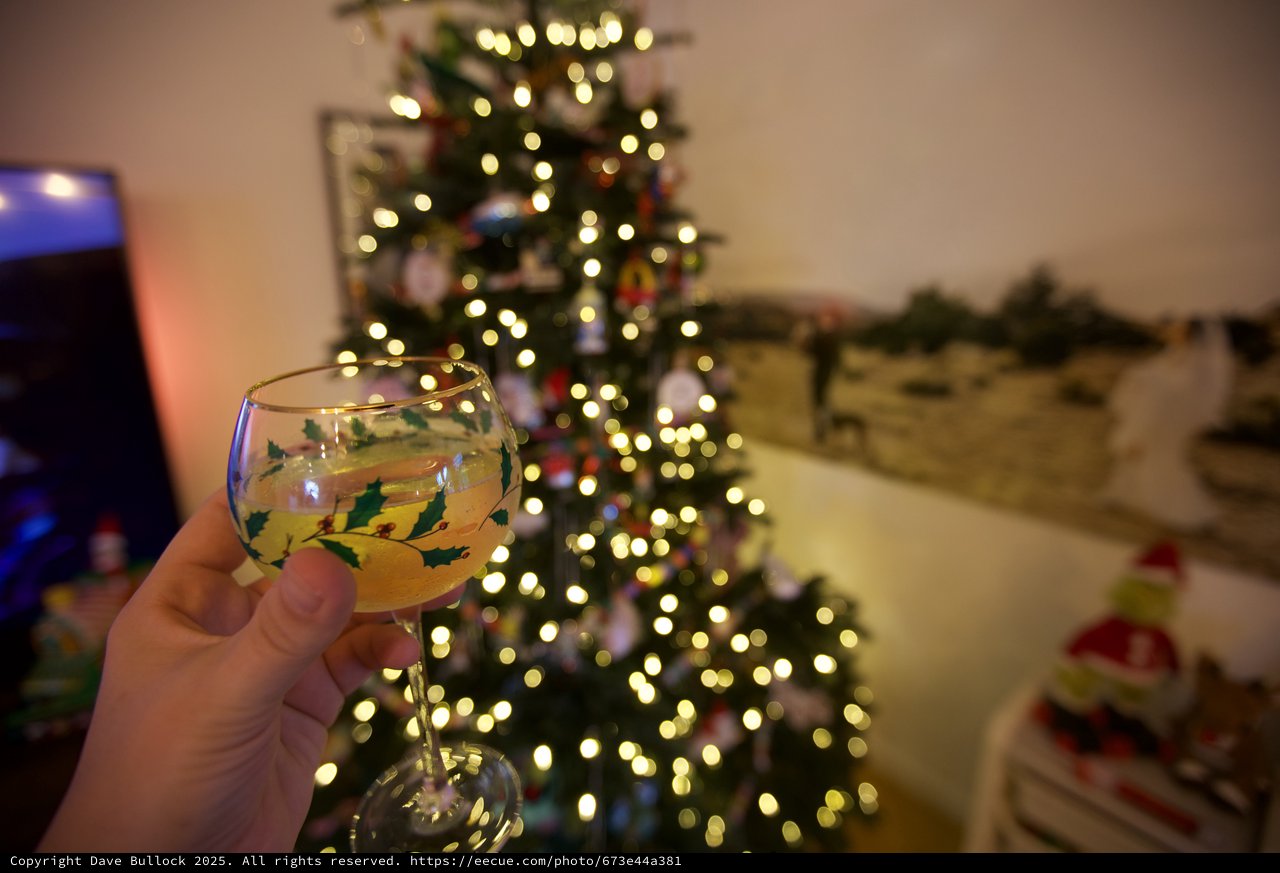 Christmas Toast with Festive Wine Glass and Tree