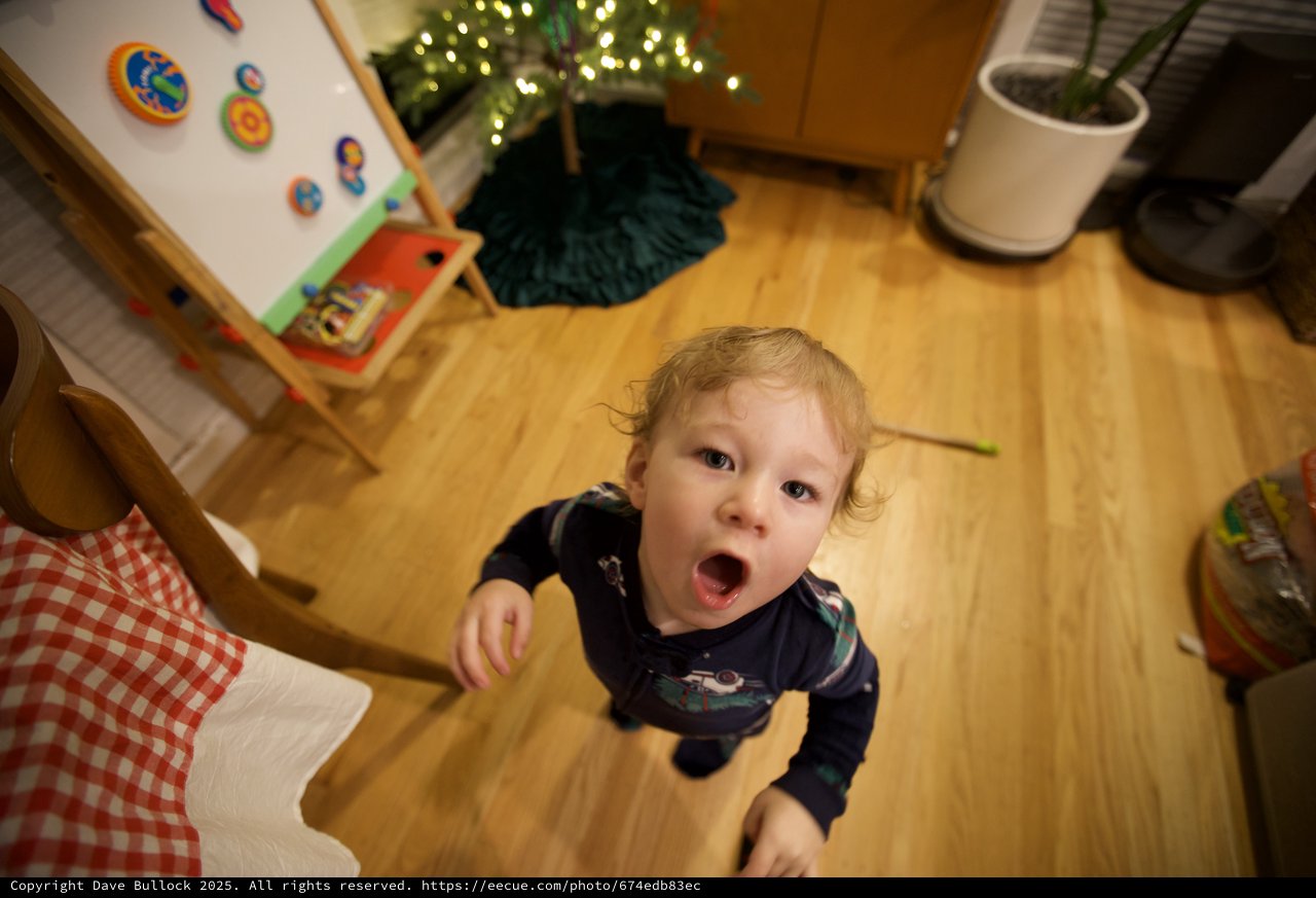 Toddler's Surprised Expression on Christmas Morning