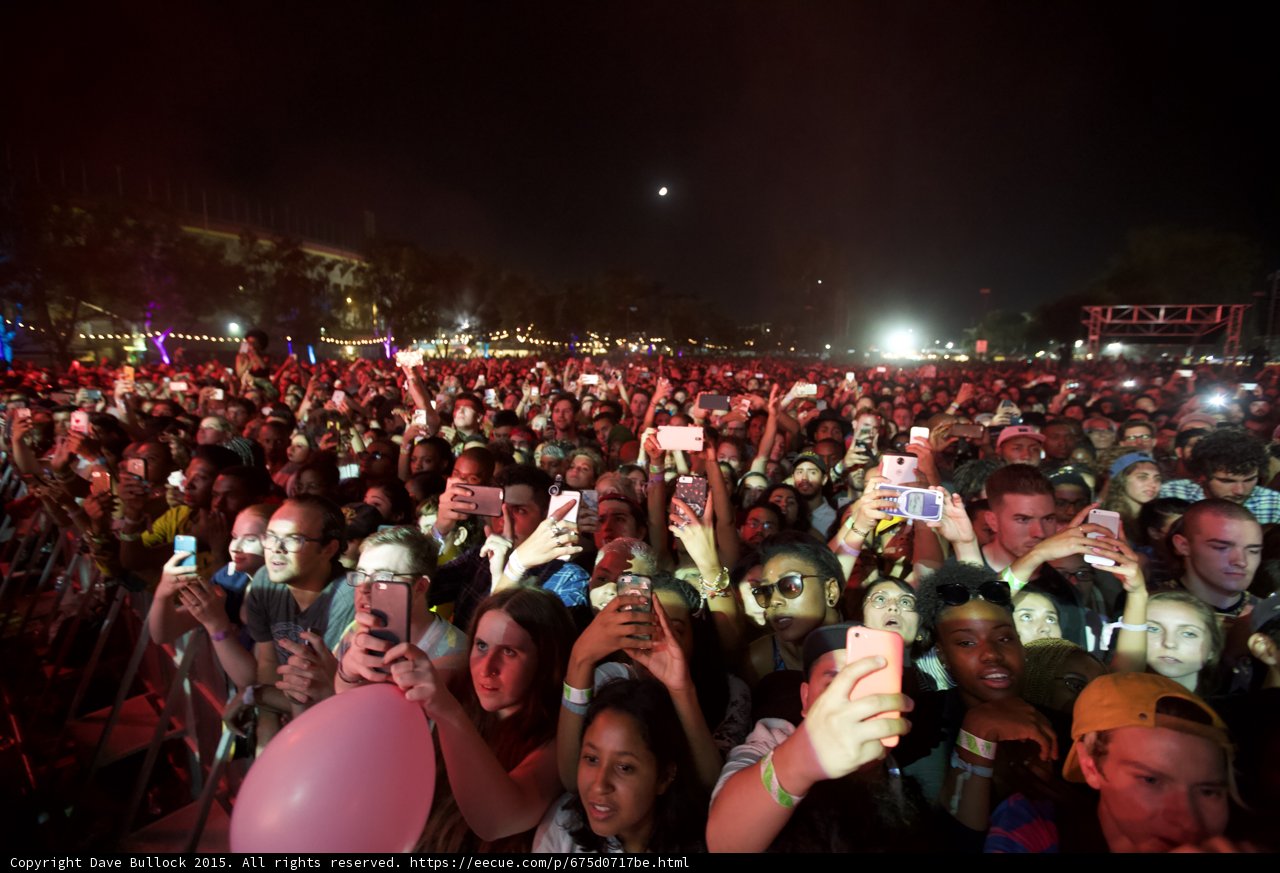 FYF Fest Wide Crowd Pink Balloon Woman White Shirt Woman Sunglasses Moon Phones Stage Scaffolding Night