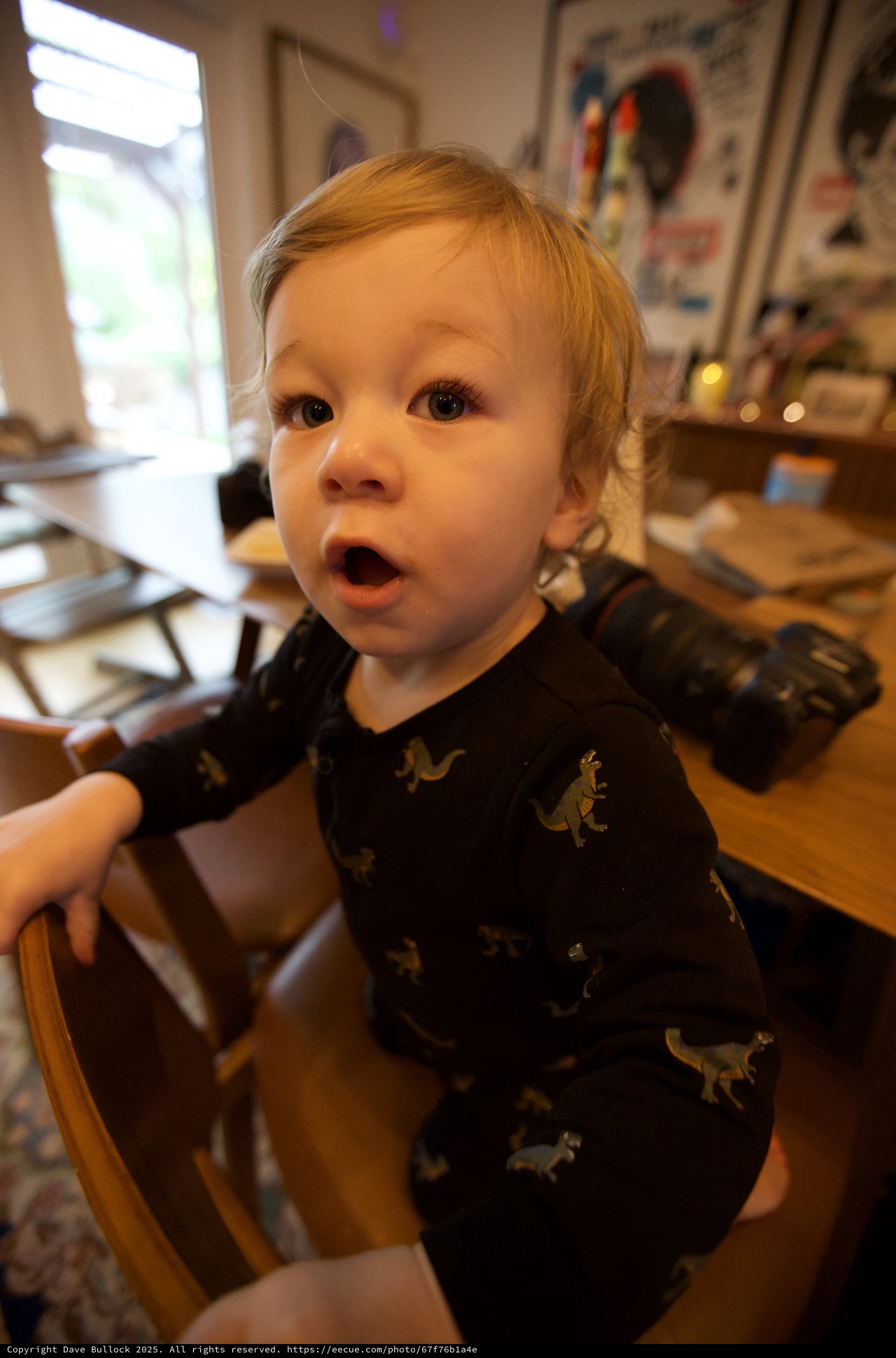 Curious Toddler in Dinosaur Pajamas at Home