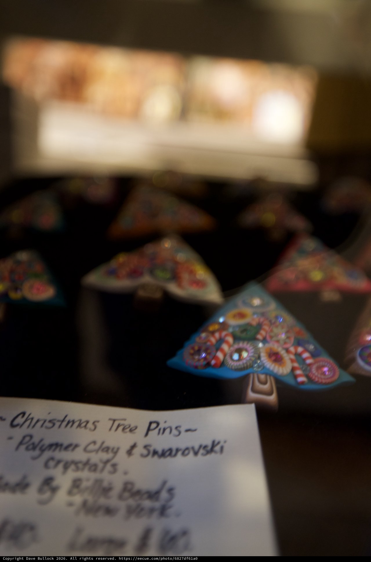 Handcrafted Christmas Tree Pins with Swarovski Crystals Display