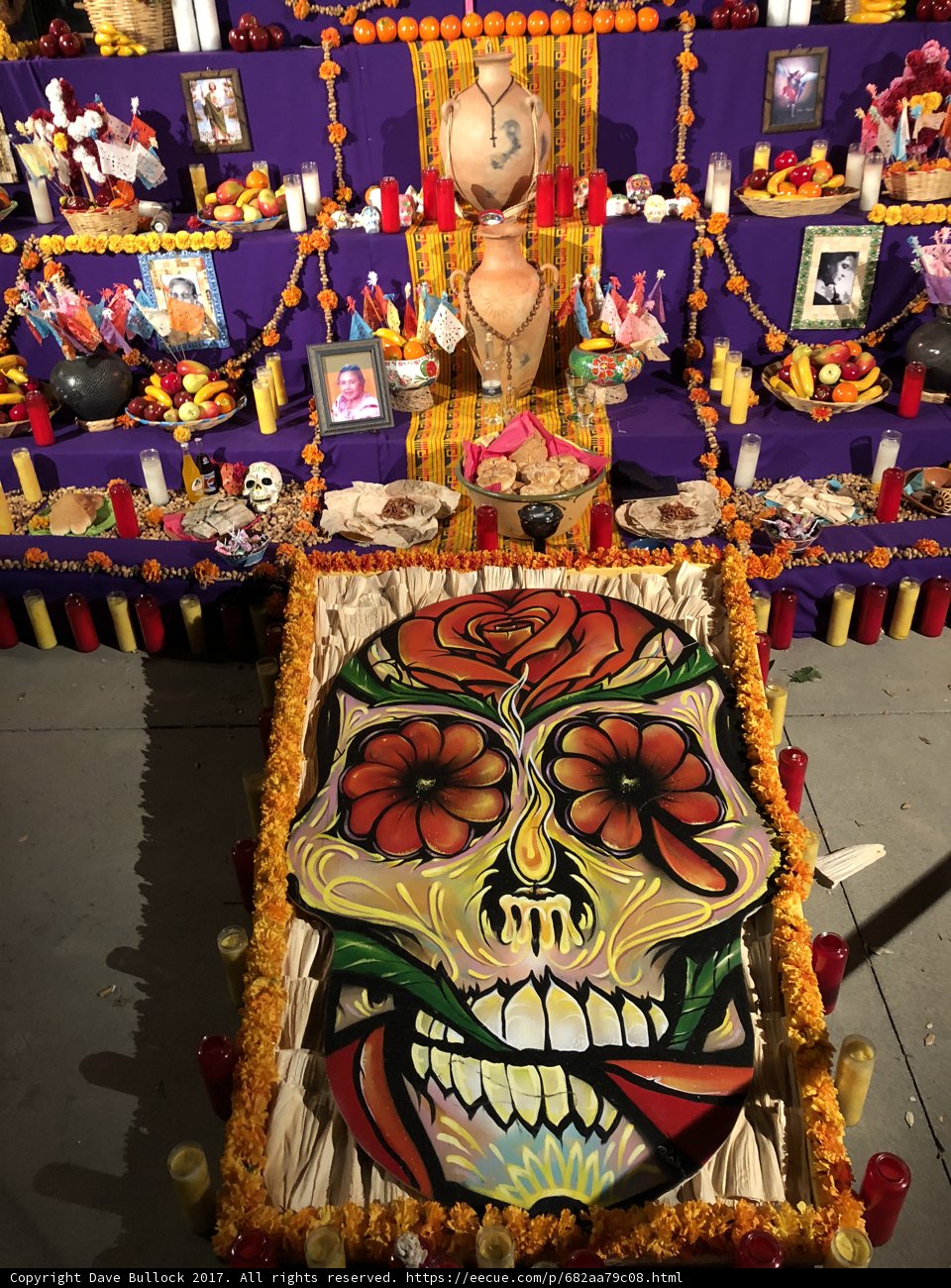 A Mexican Altar adorned with Skull and Flowers