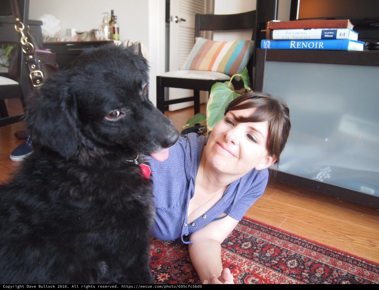 Woman and Her Black Dog Share a Playful Moment