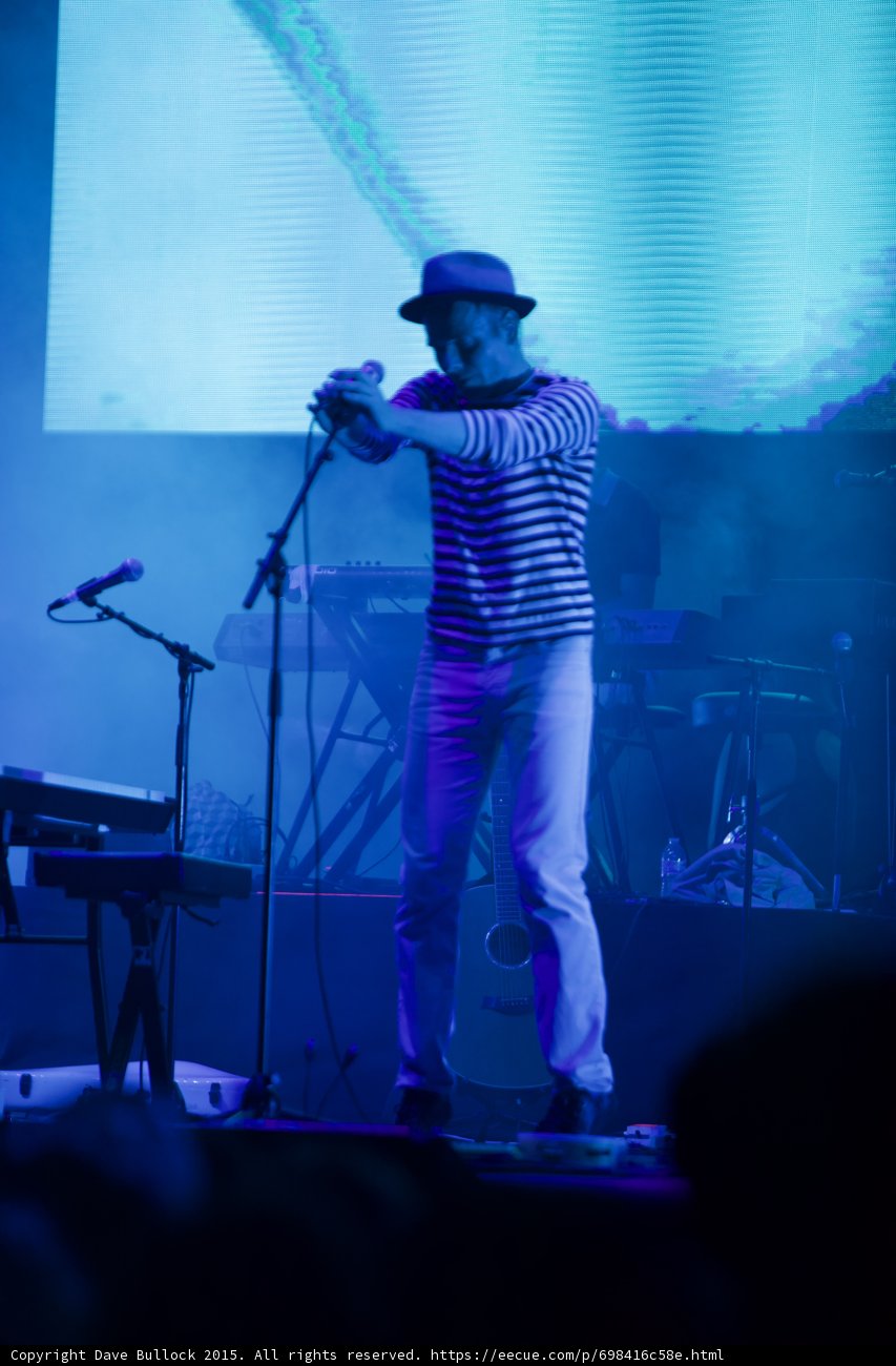 Belle and Sebastian Stuart Murdoch Arms Extended Fedora Striped Shirt Acoustic Guitar Blue LED
