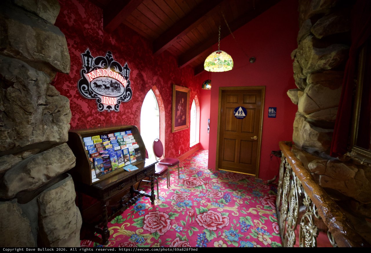Ornate Madonna Inn Lobby with Bold Red Victorian Decor