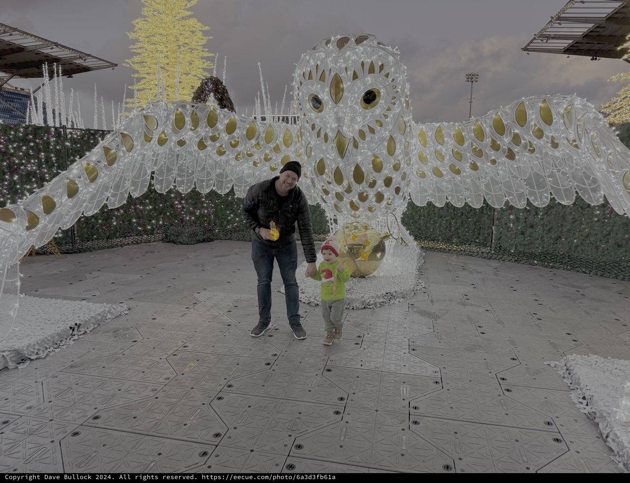 Family Moment with Giant Owl Art Installation