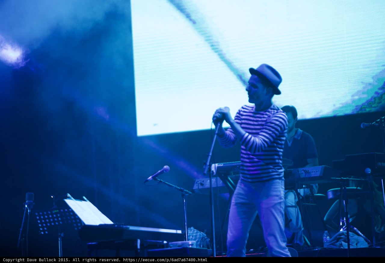 Belle and Sebastian Stuart Murdoch Fist Raised Fedora Striped Shirt Keyboardist Blue LED