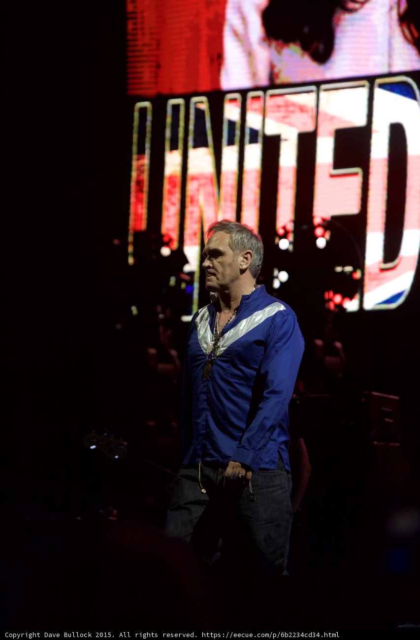 Morrissey Three Quarter Portrait Blue Shirt Contemplative UNITED Union Jack Video Screen