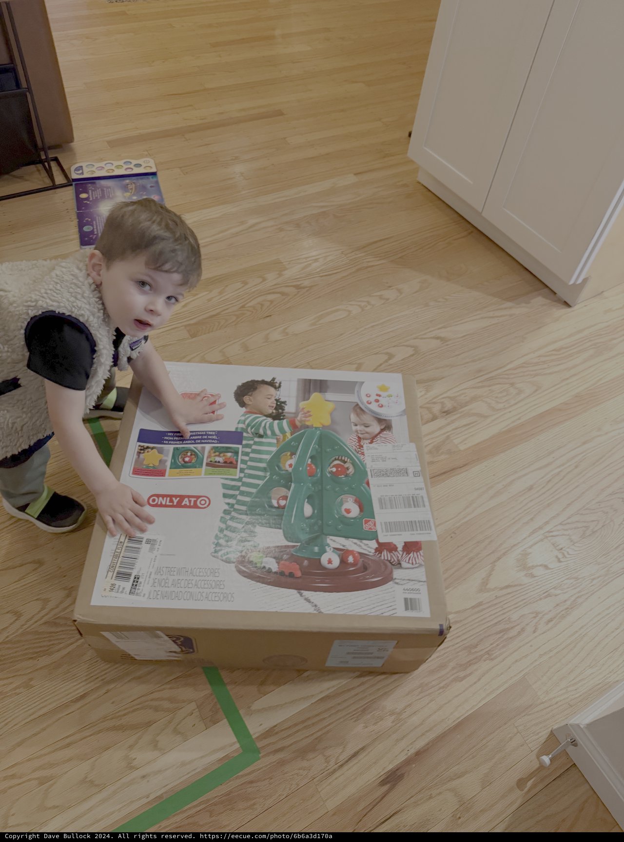 Young Child Unboxing Christmas Tree Toy at Home