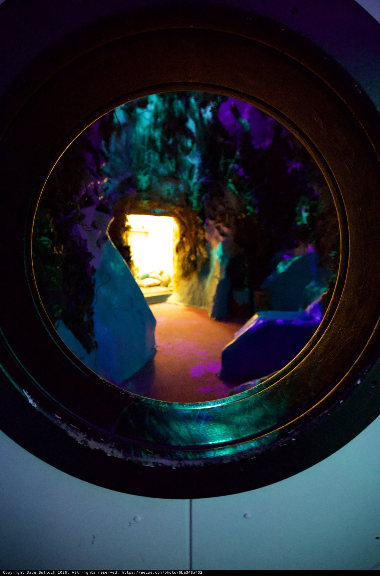Glowing Cave Tunnel with Colorful Illuminated Formations