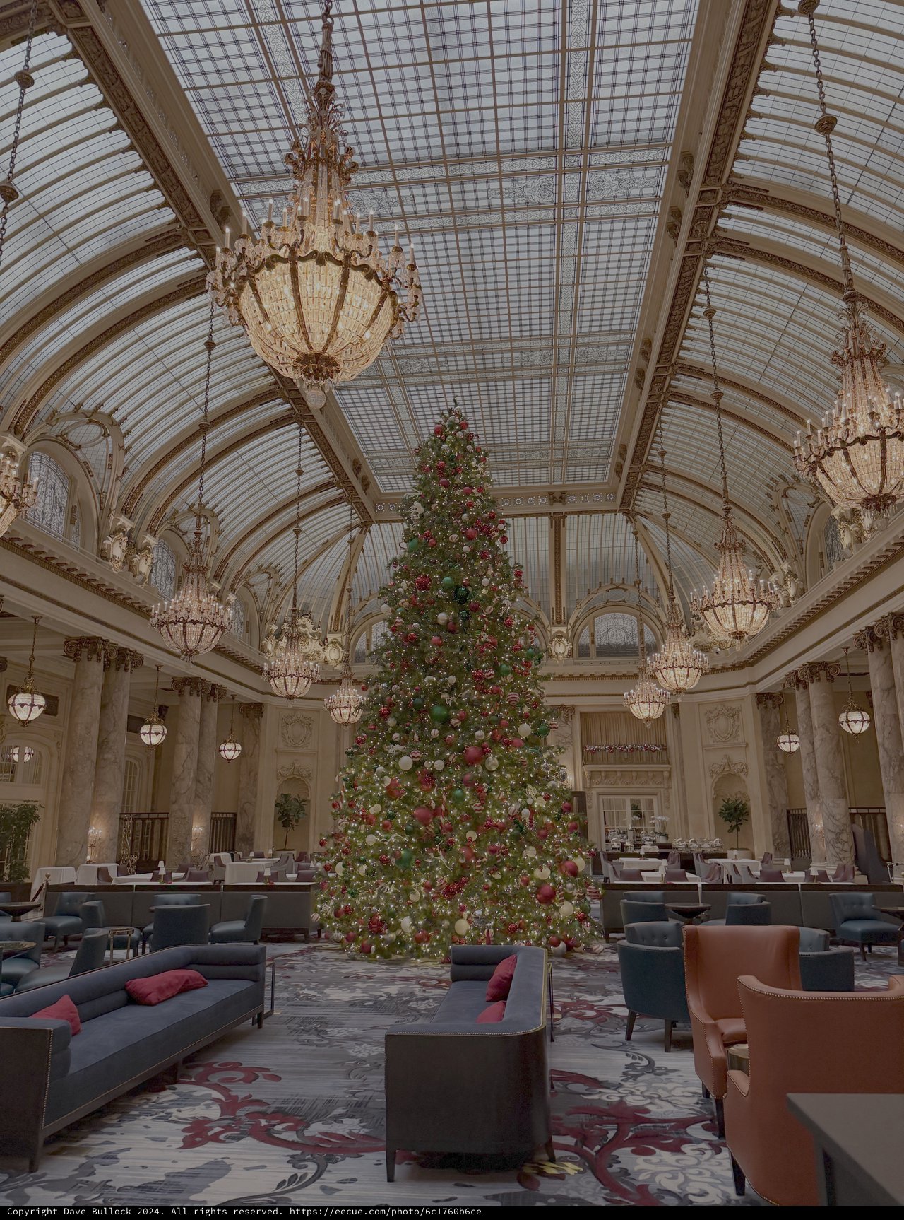 Elegant Christmas Tree in Grand Hotel Lobby