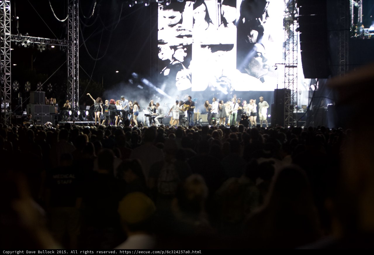 FYF Fest Wide Stage Large Ensemble Video Screen Portraits Dancing Spotlight Crowd Night