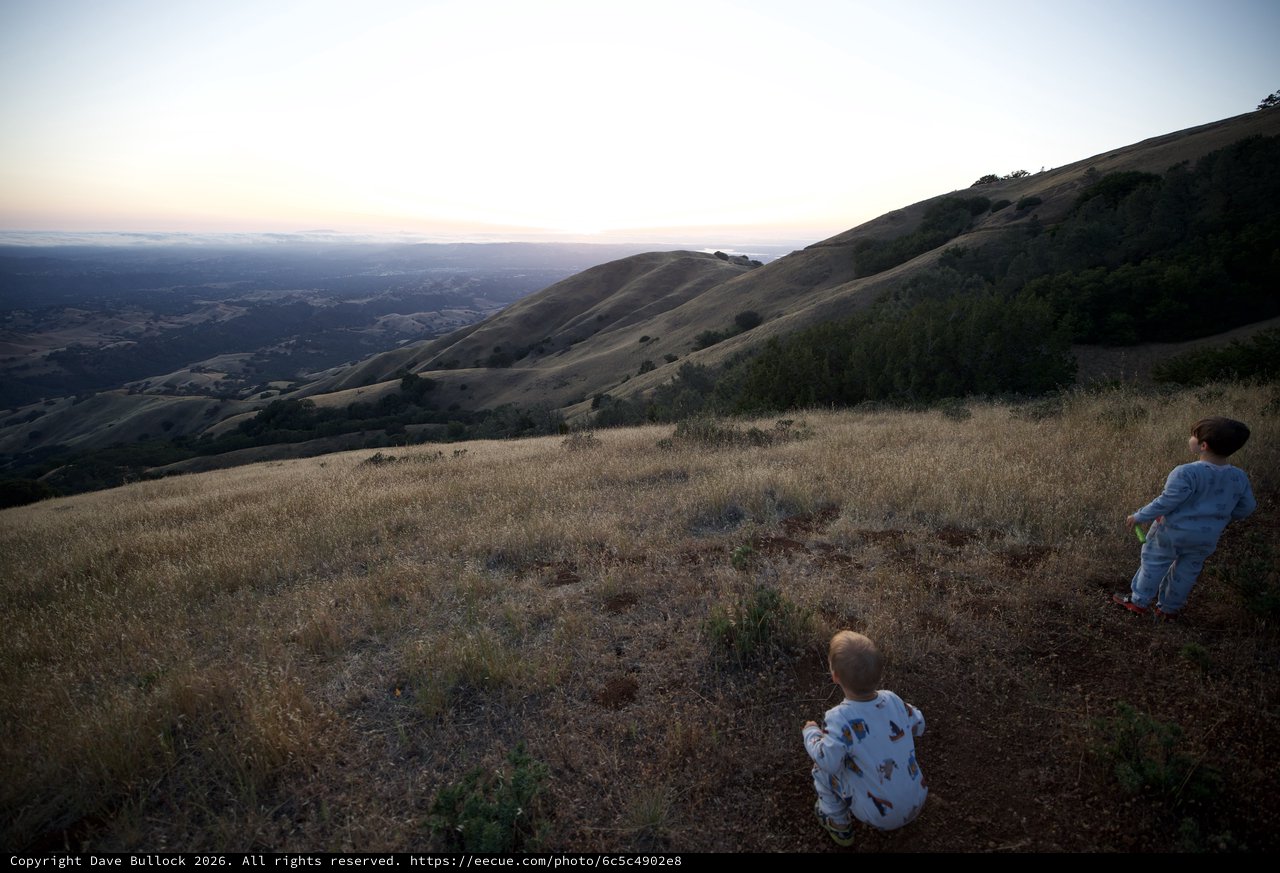 Two Children Gazing Over Golden Hills at Dusk