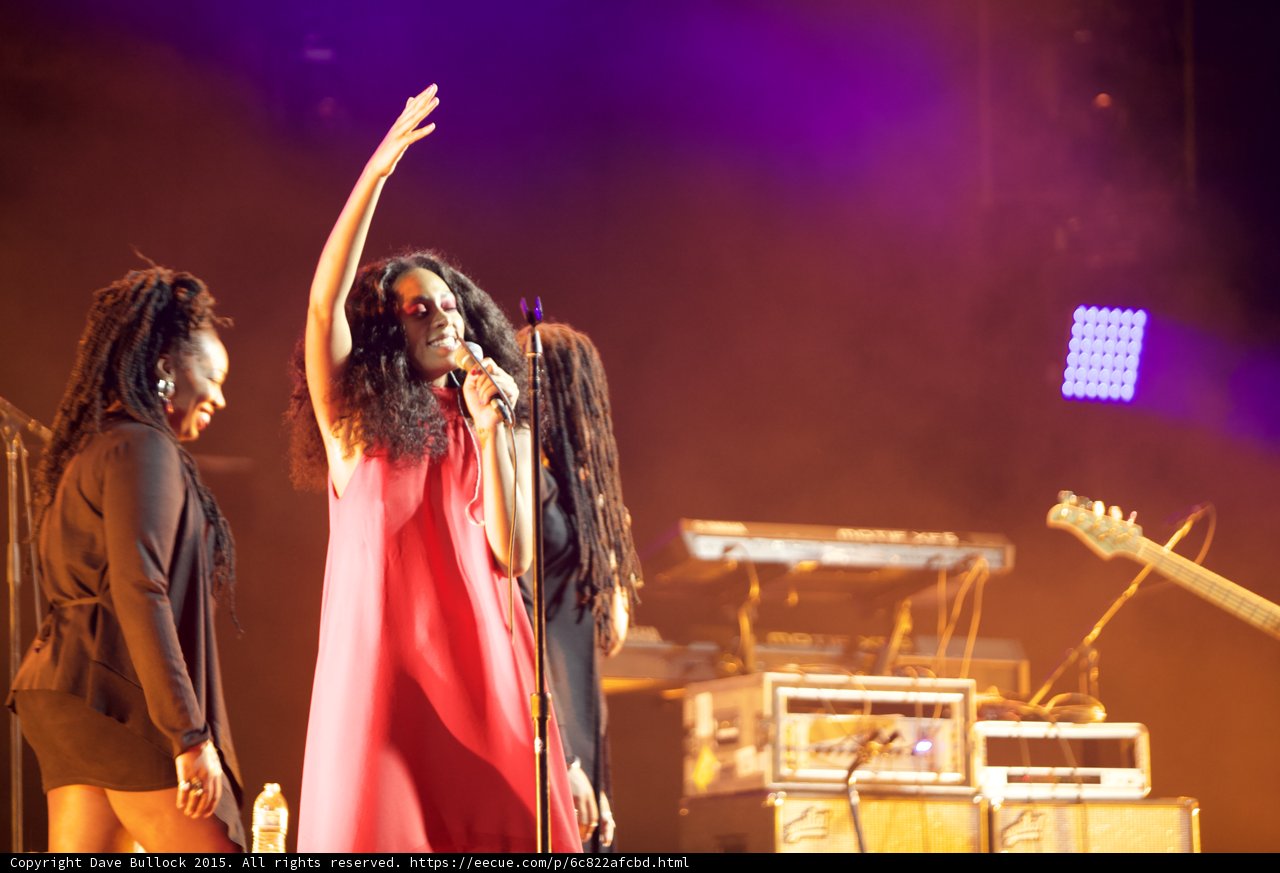 Solange Final Wave Red Dress Arm Raised Backing Vocalist Dreadlocks LED Panel Orange